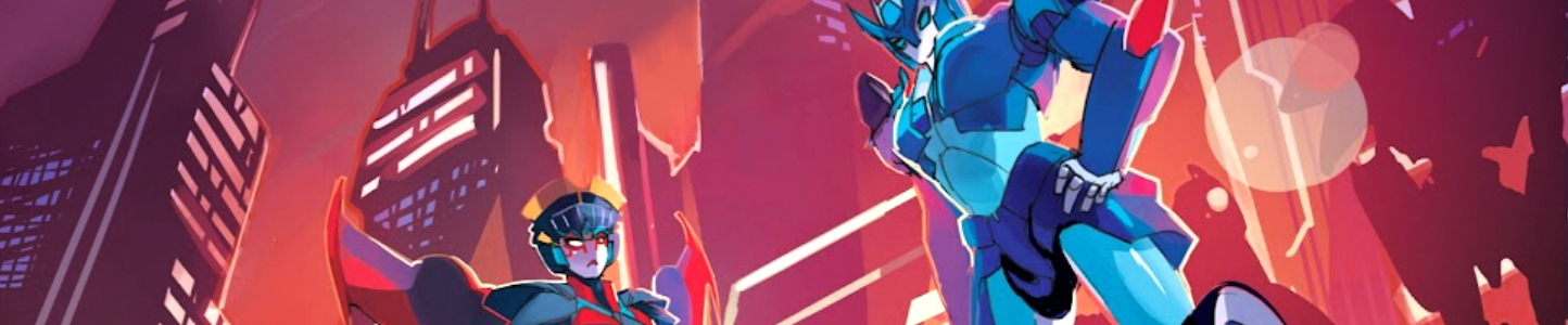 Chromia and Windblade stand on a city street. Official comic panel.